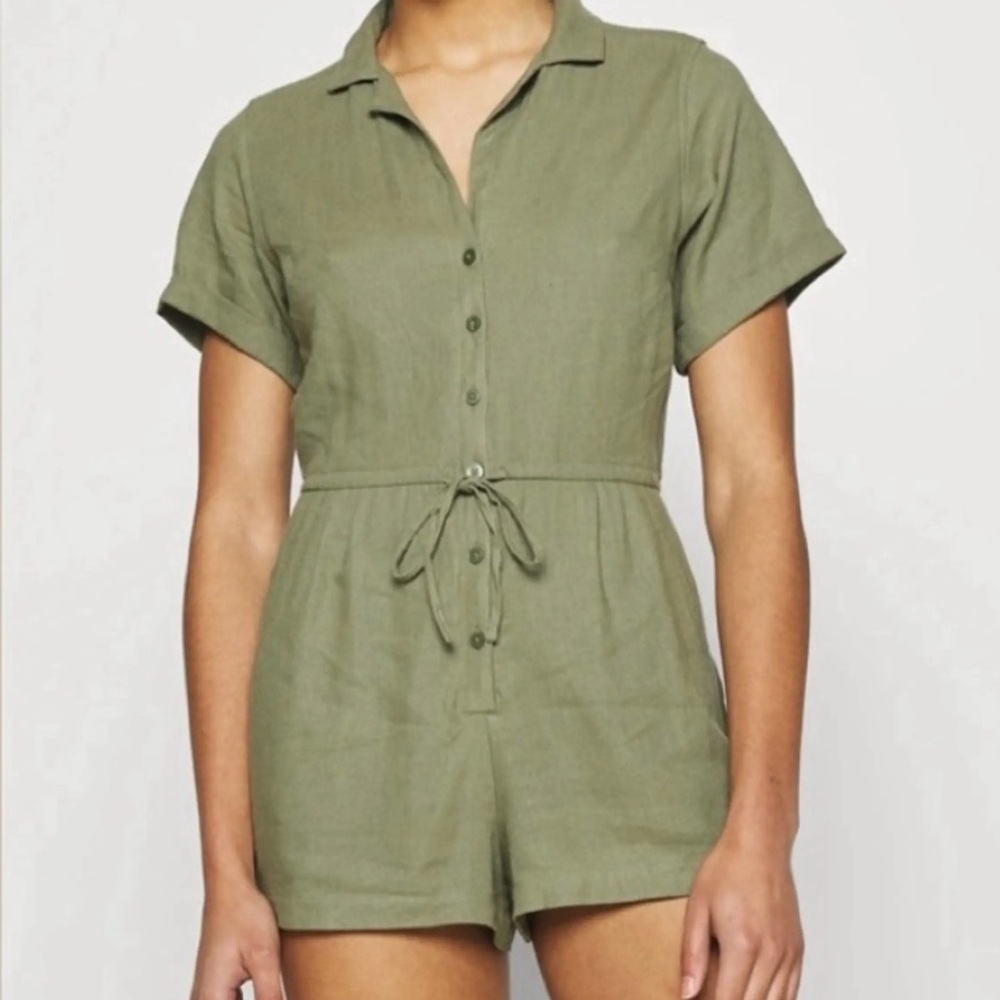 Abercrombie & Fitch Olive Green Short Sleeve Linen Romper